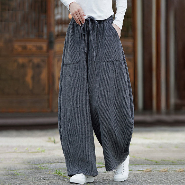 Buddha Stones冬 メンズ 純色 ドローストリングデザイン コットン ハイウエスト パンツ ポケット付き - image 16