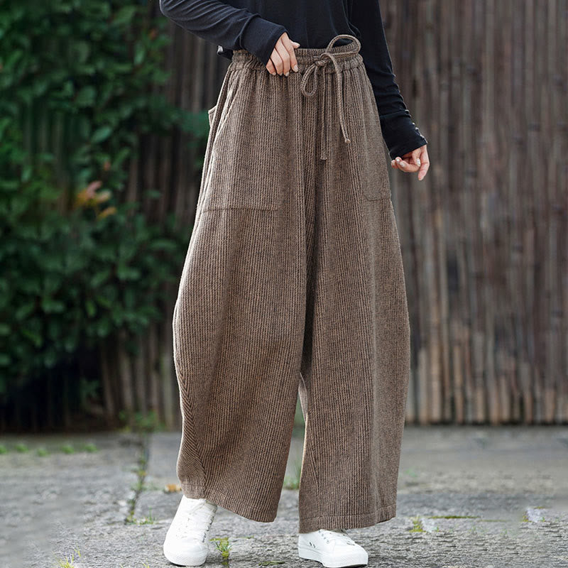 Buddha Stones冬 メンズ 純色 ドローストリングデザイン コットン ハイウエスト パンツ ポケット付き - image 4