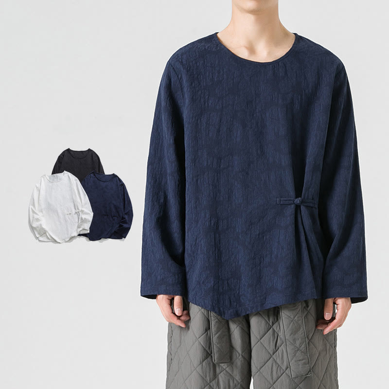 Buddha Stonesメンズ 中国風 カエルボタン 無地デザイン コットン 長袖 Tシャツ 禅風 衣類 - 海軍 - US/UK/AU46、 EU56 (5XL) - image 1