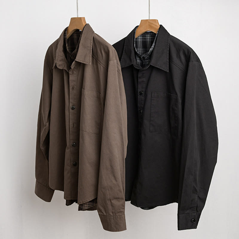 Buddha Stones春チェック柄フェイクツーピース長袖メンズコットンジャケットポケット付き - image 20