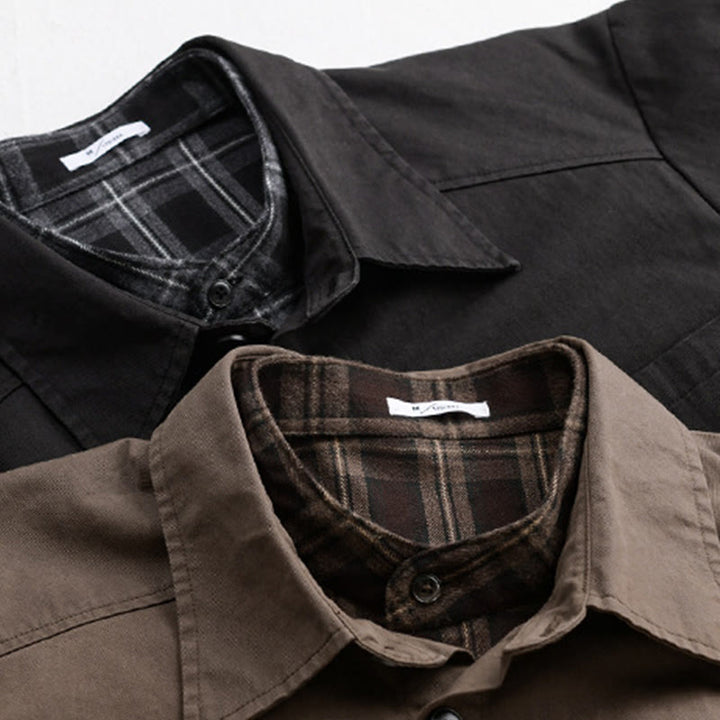 Buddha Stones春チェック柄フェイクツーピース長袖メンズコットンジャケットポケット付き - image 23