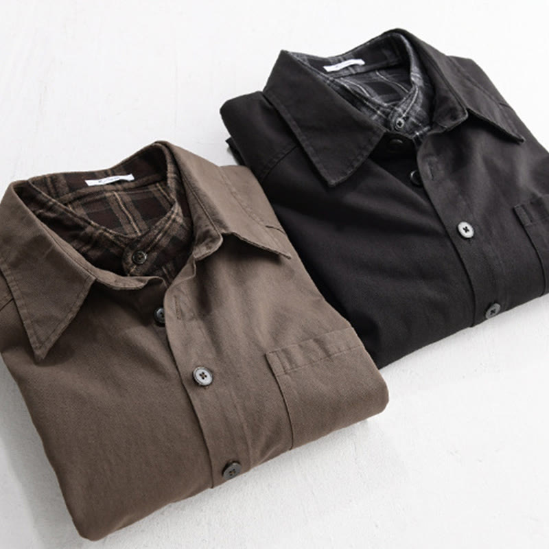 Buddha Stones春チェック柄フェイクツーピース長袖メンズコットンジャケットポケット付き - image 21