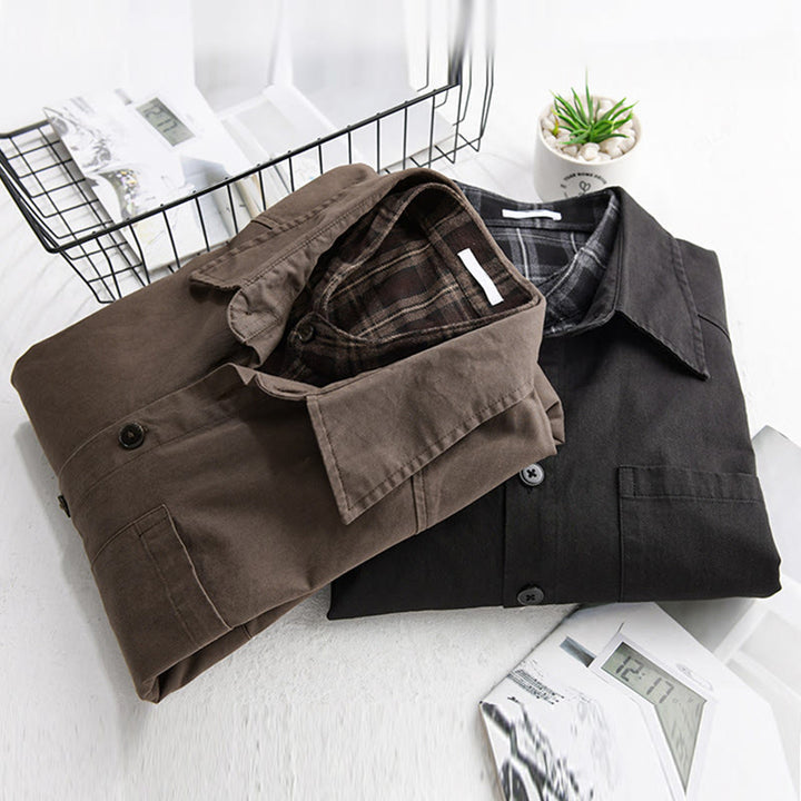 Buddha Stones春チェック柄フェイクツーピース長袖メンズコットンジャケットポケット付き - image 22