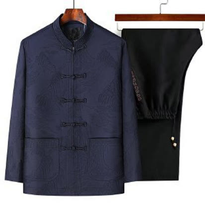 Buddha Stones通勤用唐装カエルボタンメンズ長袖シャツパンツコットン服セット 2点セット - ミッドナイトブルー - US/UK/AU44、 EU54 (4XL) - image 2