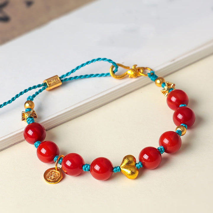 Buddha Stones 8mm 南赤瑪瑙ビーズ ハート編み紐成就のブレスレット - image 0