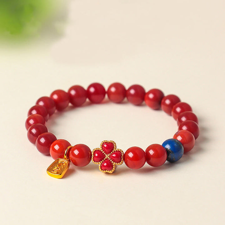 Buddha Stones四つ葉のクローバー 花 ひょうたん 南 赤瑪瑙 白瑪瑙 正珠ブレスレット - image 0