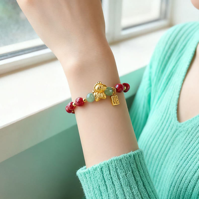 Buddha Stones中国の十二支 午年 福文字 辰砂 和田翡翠良縁祈願ブレスレット - image 12