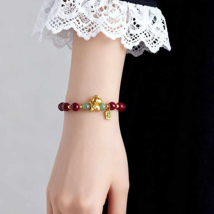 Buddha Stones中国の十二支 午年 福文字 辰砂 和田翡翠良縁祈願ブレスレット - image 5