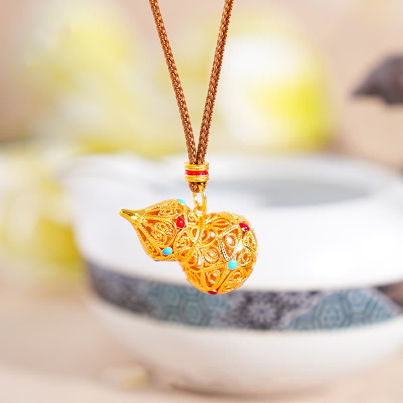 Buddha Stones中空ひょうたんデザイン 24Kゴールドメッキ 真鍮ロープネックレスペンダント - image 2