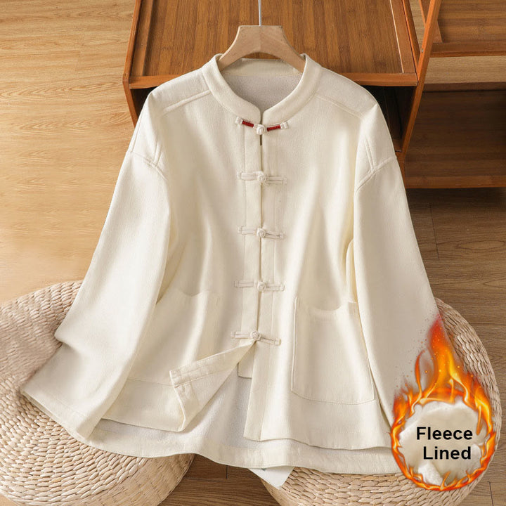 Buddha Stones冬用 フロッグボタン 長袖 コットン フリース裏地 レディース サーマルジャケット ポケット付き - image 3