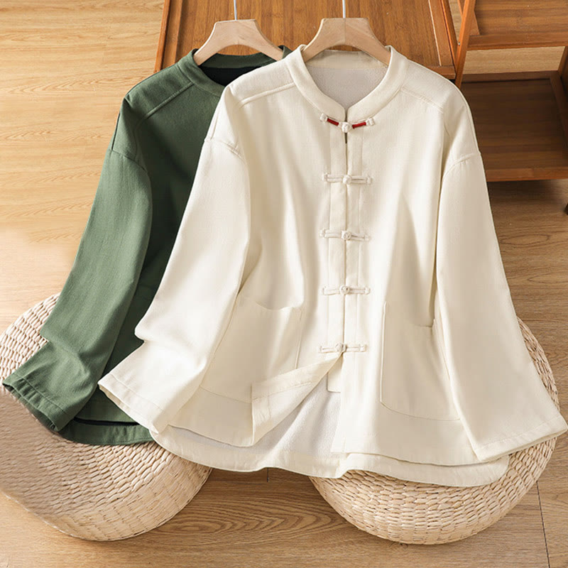 Buddha Stones冬用 フロッグボタン 長袖 コットン フリース裏地 レディース サーマルジャケット ポケット付き - image 0