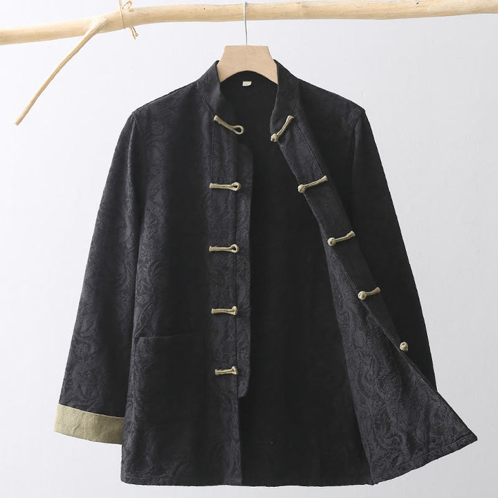 Buddha Stonesスプリングジャカード メンズ フロッグボタン コットン 長袖ジャケット ポケット付き - 黒 - US/UK/AU44、 EU54 (4XL) - image 0