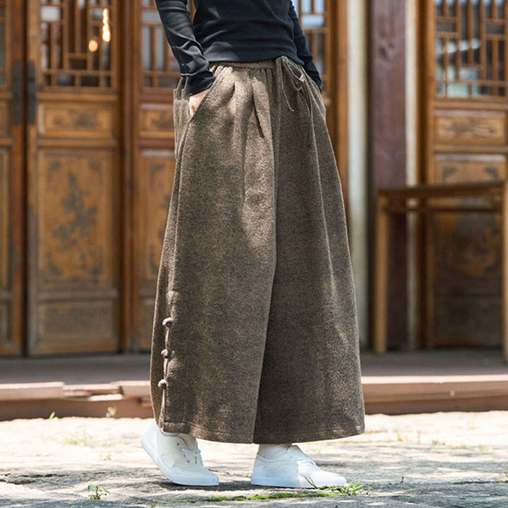Buddha Stones冬用 中国風 カエルボタンデザイン コーデュロイ サーマル メンズ ワイドレッグパンツ ポケット付き - image 16