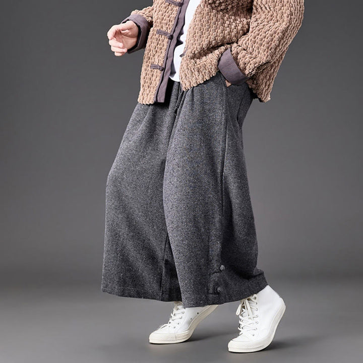 Buddha Stones冬用 中国風 カエルボタンデザイン コーデュロイ サーマル メンズ ワイドレッグパンツ ポケット付き - image 26