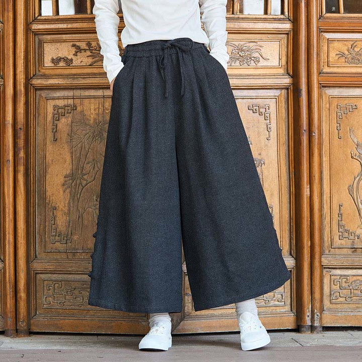 Buddha Stones冬用 中国風 カエルボタンデザイン コーデュロイ サーマル メンズ ワイドレッグパンツ ポケット付き - 黒 - US/UK/AU46、 EU56 (5XL) - image 1