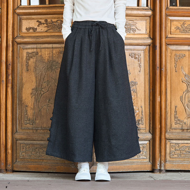 Buddha Stones冬用 中国風 カエルボタンデザイン コーデュロイ サーマル メンズ ワイドレッグパンツ ポケット付き - image 2