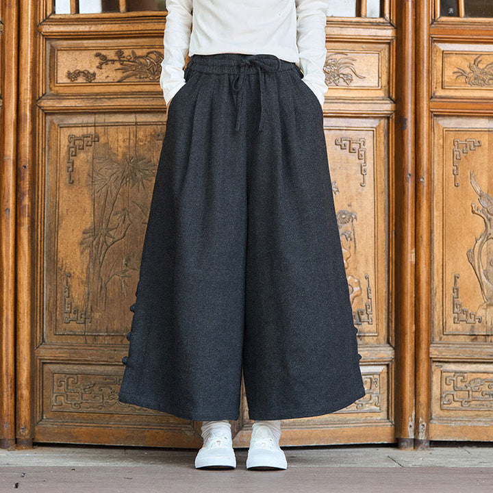 Buddha Stones冬用 中国風 カエルボタンデザイン コーデュロイ サーマル メンズ ワイドレッグパンツ ポケット付き - image 2