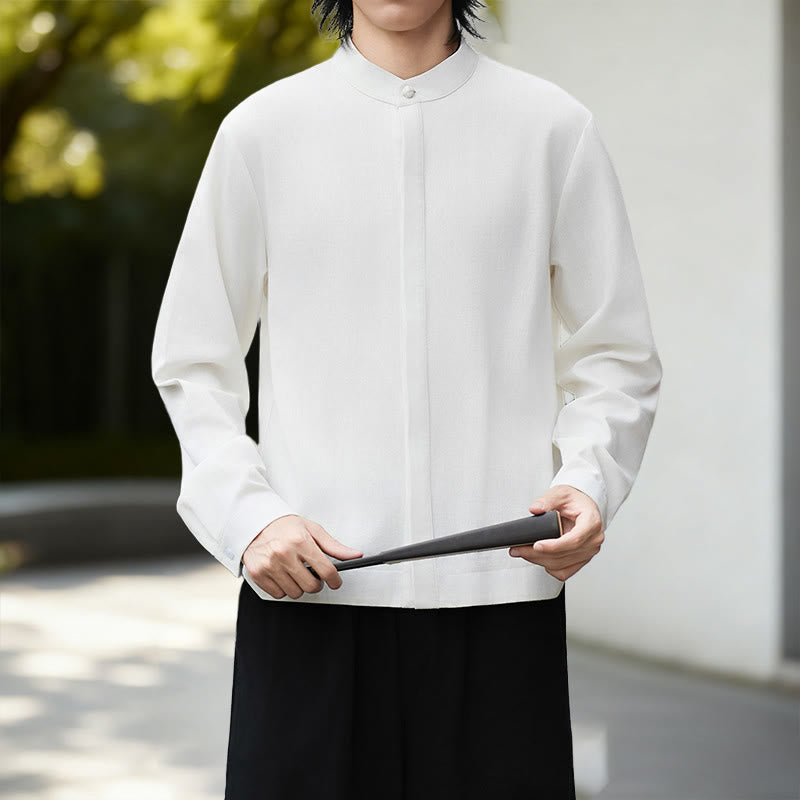 Buddha Stones秋冬 無地 ホワイト メンズ 長袖 コットン リネン シャツ コーデュロイ 着物 - 白いシャツ - US/UK/AU46、 EU56 (5XL) - image 0