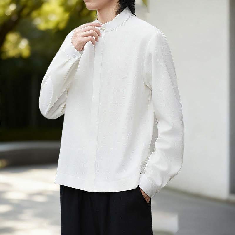 Buddha Stones秋冬 無地 ホワイト メンズ 長袖 コットン リネン シャツ コーデュロイ 着物 - image 5