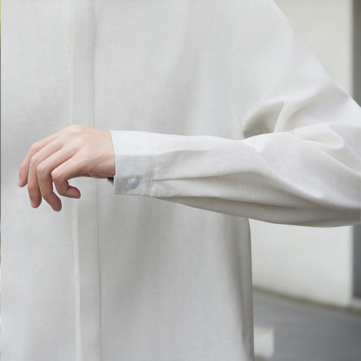 Buddha Stones秋冬 無地 ホワイト メンズ 長袖 コットン リネン シャツ コーデュロイ 着物 - image 9