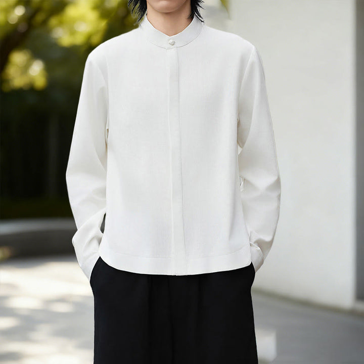 Buddha Stones秋冬 無地 ホワイト メンズ 長袖 コットン リネン シャツ コーデュロイ 着物 - image 4