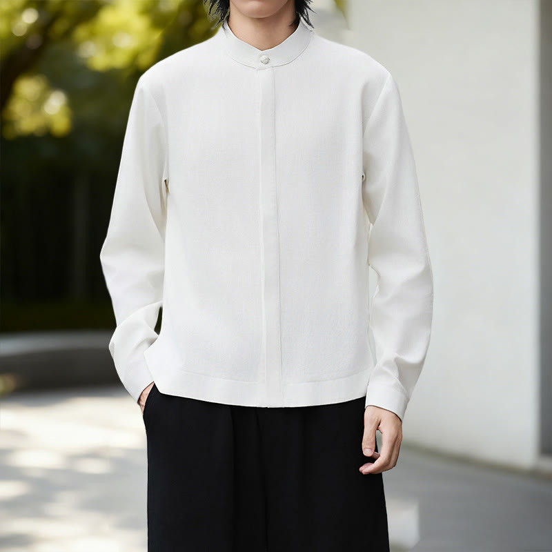 Buddha Stones秋冬 無地 ホワイト メンズ 長袖 コットン リネン シャツ コーデュロイ 着物 - image 1