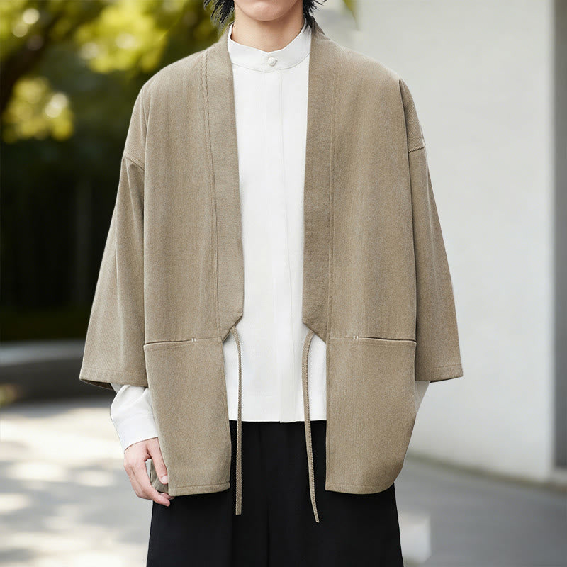 Buddha Stones無地 オープンフロント 長袖 コーデュロイ ジャケット メンズ 着物 コットン リネン シャツ - 小麦着物 - US/UK/AU46、 EU56 (5XL) - image 15