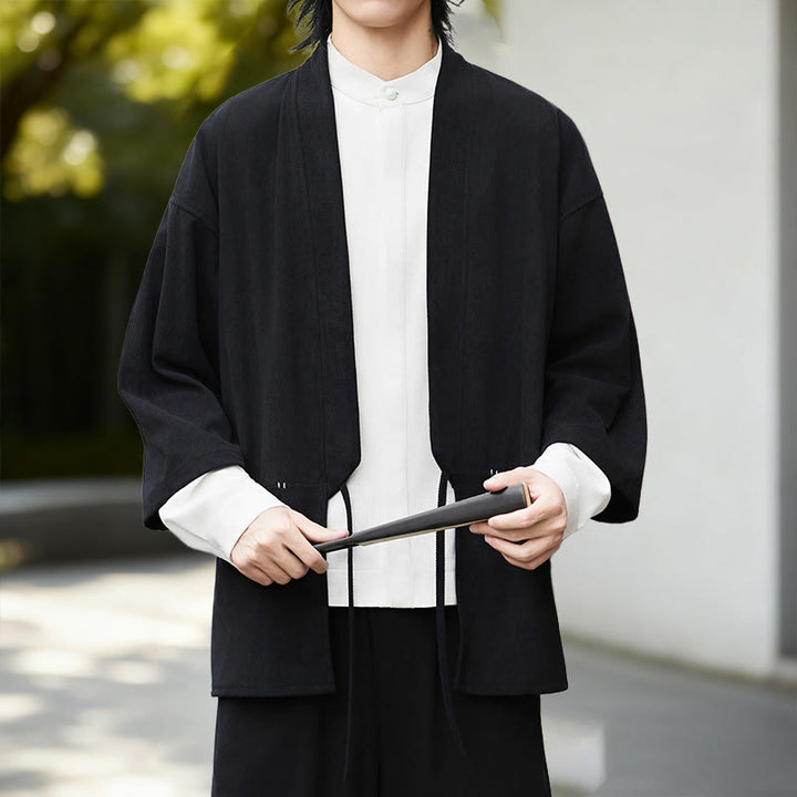 Buddha Stones無地 オープンフロント 長袖 コーデュロイ ジャケット メンズ 着物 コットン リネン シャツ - 黒の着物 - US/UK/AU46、 EU56 (5XL) - image 0