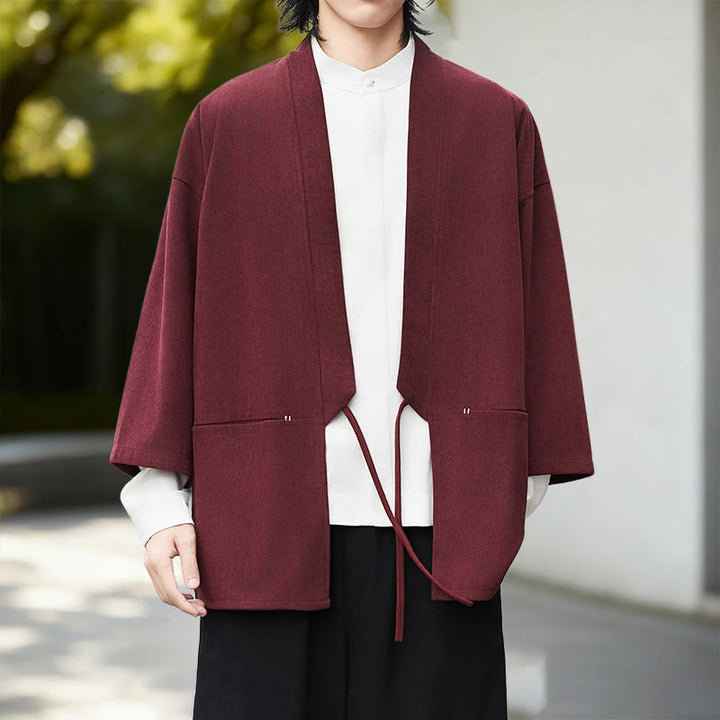 Buddha Stones秋冬 無地 ホワイト メンズ 長袖 コットン リネン シャツ コーデュロイ 着物 - ダークレッドの着物 - US/UK/AU46、 EU56 (5XL) - image 12