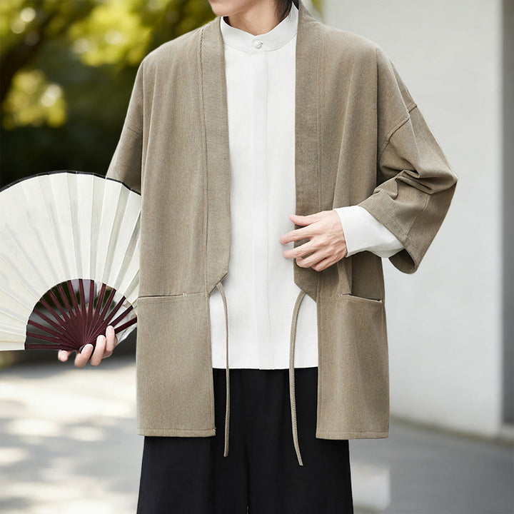 Buddha Stones秋冬 無地 ホワイト メンズ 長袖 コットン リネン シャツ コーデュロイ 着物 - image 15