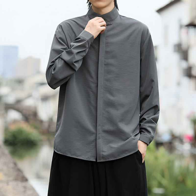 Buddha Stones無地 カエルボタン 長袖 コットン メンズシャツ - image 2