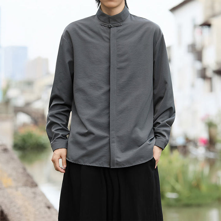 Buddha Stones無地 カエルボタン 長袖 コットン メンズシャツ - image 3