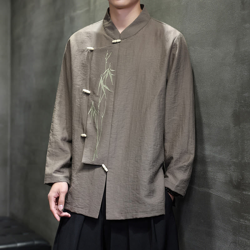 Buddha Stones秋 無地 竹の葉 刺繍 メンズ 長袖 コットン リネン シャツ - image 1