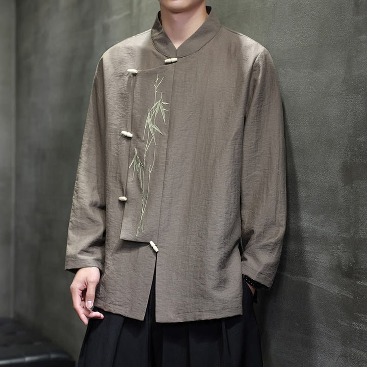 Buddha Stones秋 無地 竹の葉 刺繍 メンズ 長袖 コットン リネン シャツ - image 1