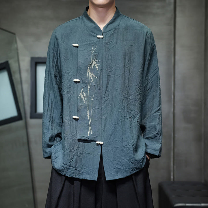 Buddha Stones秋 無地 竹の葉 刺繍 メンズ 長袖 コットン リネン シャツ - ティール - US/UK/AU46、 EU56 (5XL) - image 21