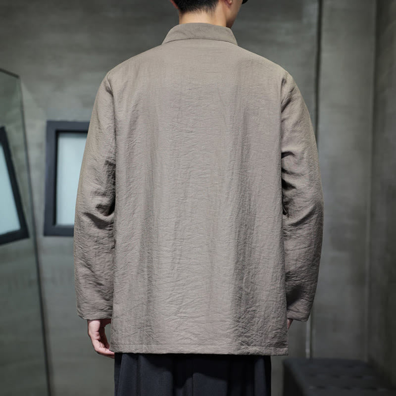 Buddha Stones秋 無地 竹の葉 刺繍 メンズ 長袖 コットン リネン シャツ - image 3