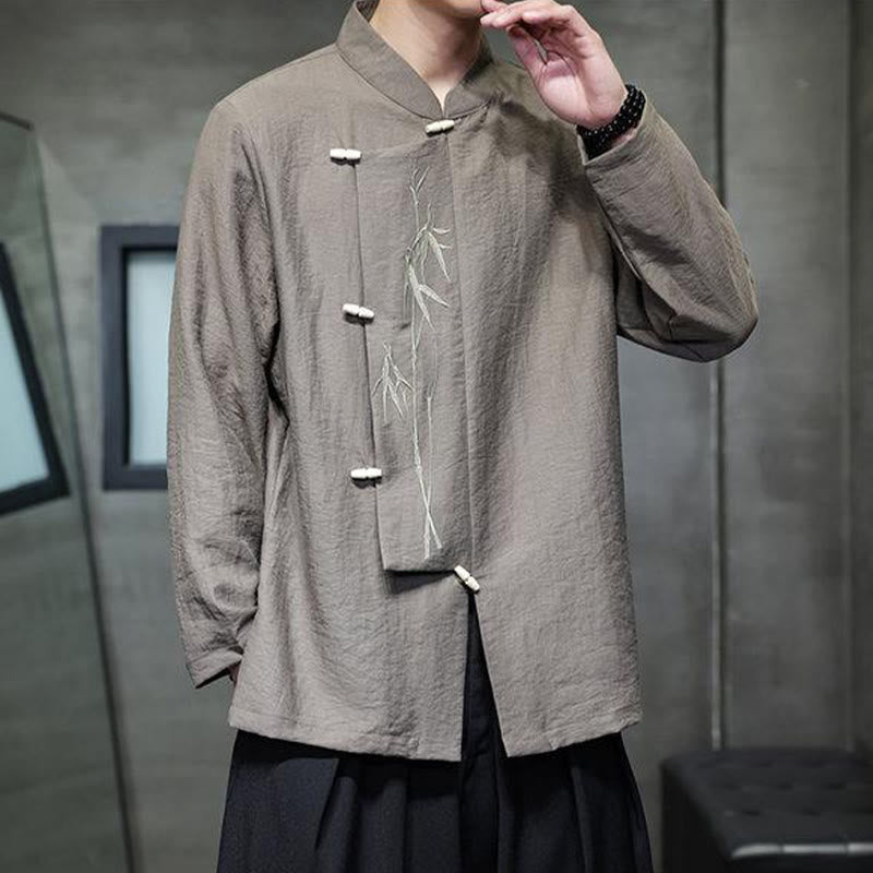 Buddha Stones秋 無地 竹の葉 刺繍 メンズ 長袖 コットン リネン シャツ - image 5