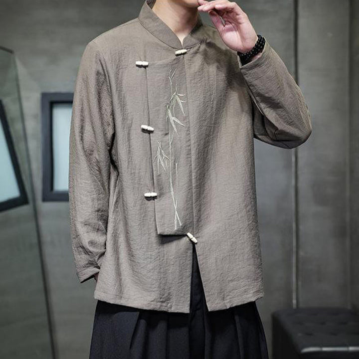 Buddha Stones秋 無地 竹の葉 刺繍 メンズ 長袖 コットン リネン シャツ - image 5