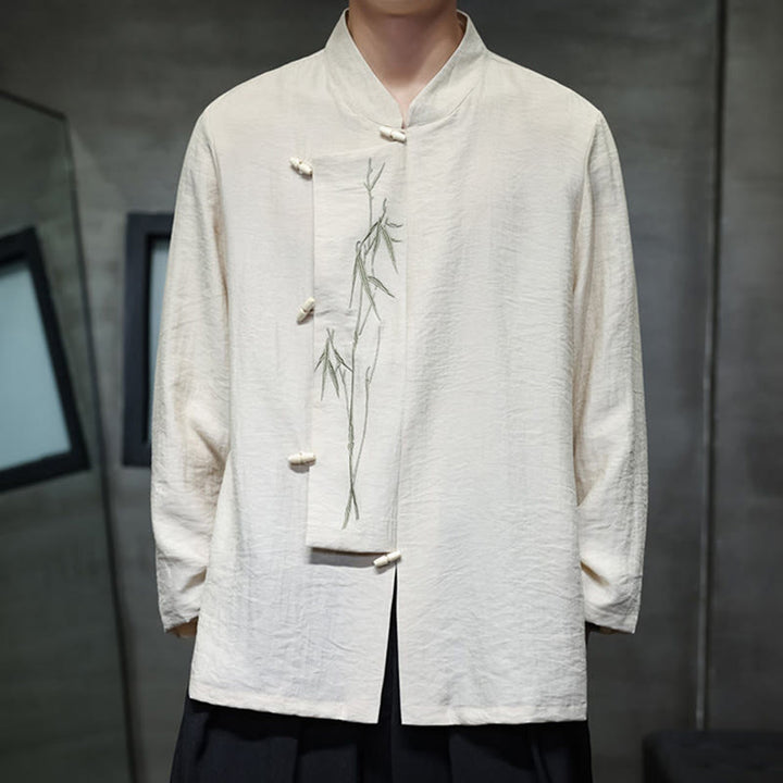 Buddha Stones秋 無地 竹の葉 刺繍 メンズ 長袖 コットン リネン シャツ - image 10