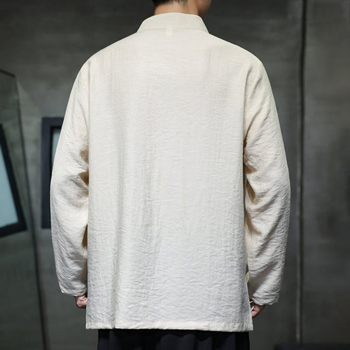 Buddha Stones秋 無地 竹の葉 刺繍 メンズ 長袖 コットン リネン シャツ - image 9