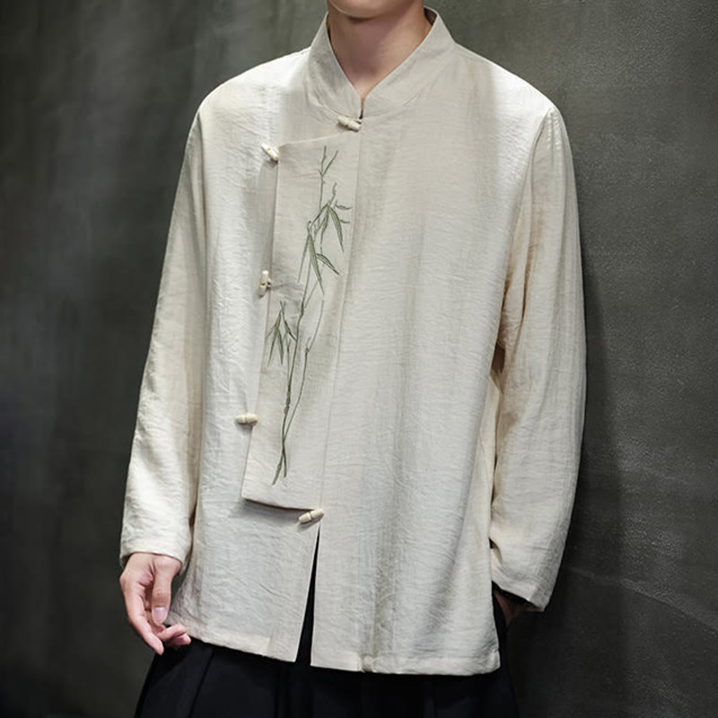 Buddha Stones秋 無地 竹の葉 刺繍 メンズ 長袖 コットン リネン シャツ - image 14