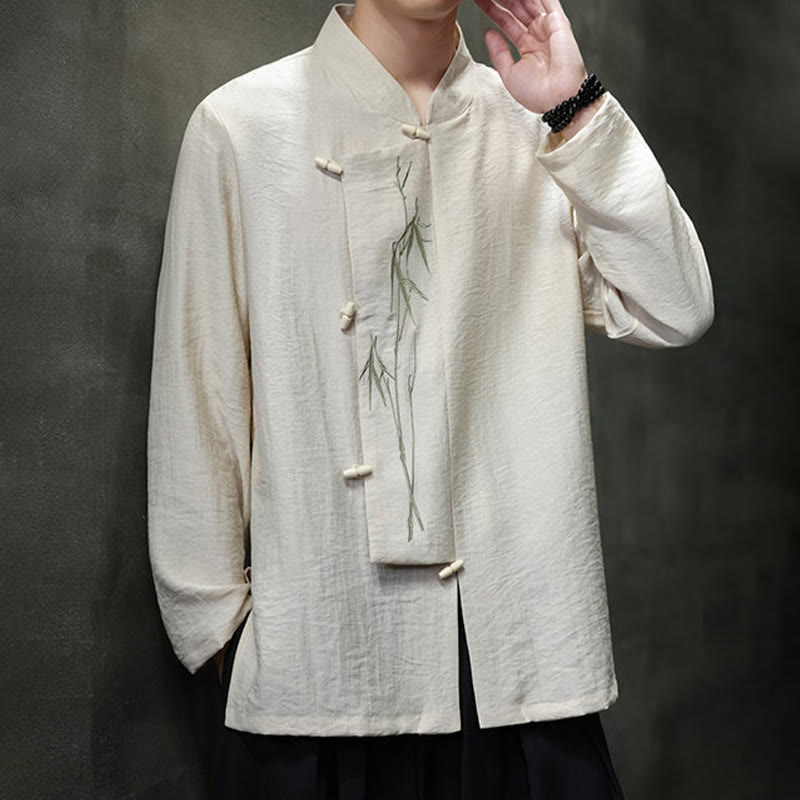 Buddha Stones秋 無地 竹の葉 刺繍 メンズ 長袖 コットン リネン シャツ - image 11