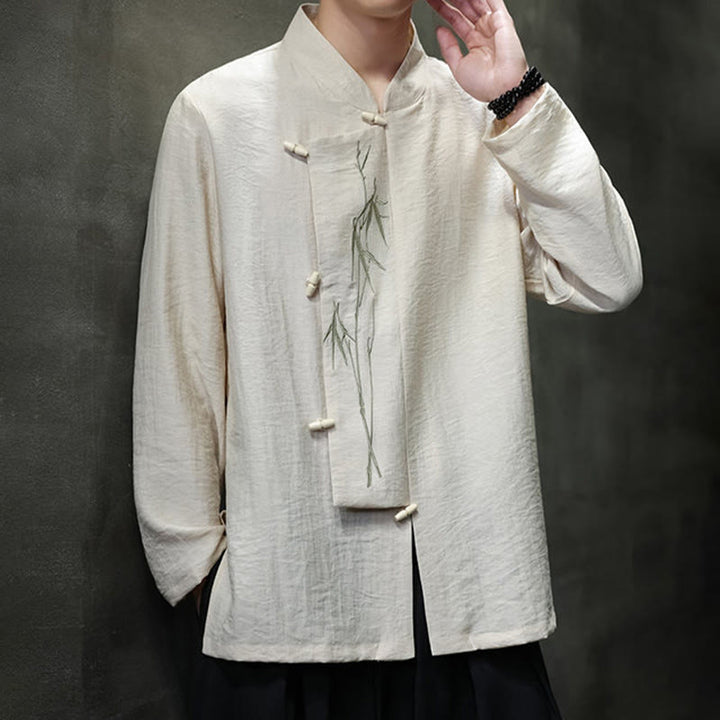 Buddha Stones秋 無地 竹の葉 刺繍 メンズ 長袖 コットン リネン シャツ - image 11