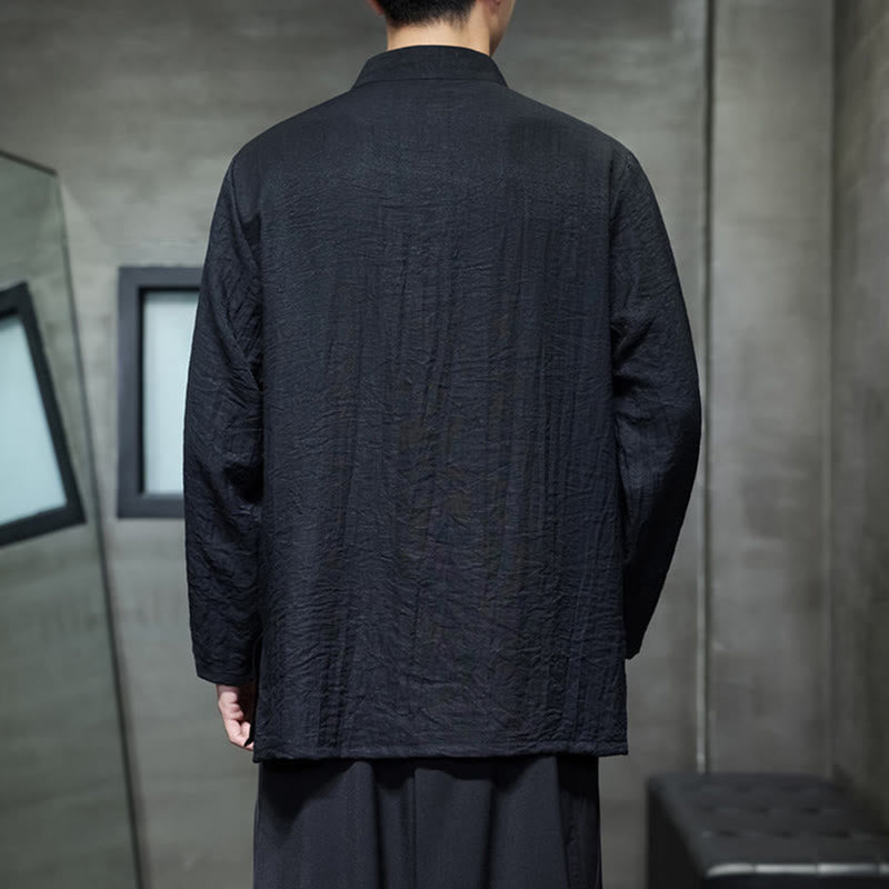 Buddha Stones秋 無地 竹の葉 刺繍 メンズ 長袖 コットン リネン シャツ - image 19