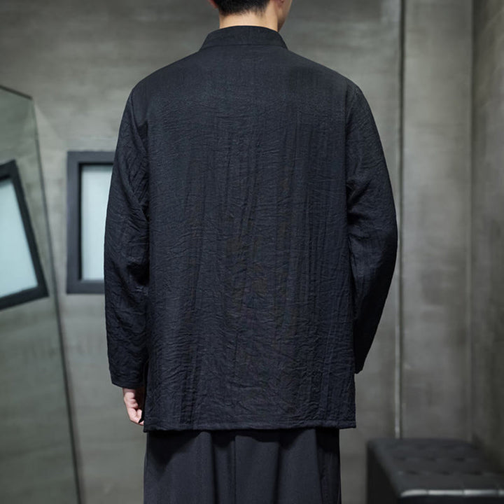 Buddha Stones秋 無地 竹の葉 刺繍 メンズ 長袖 コットン リネン シャツ - image 19