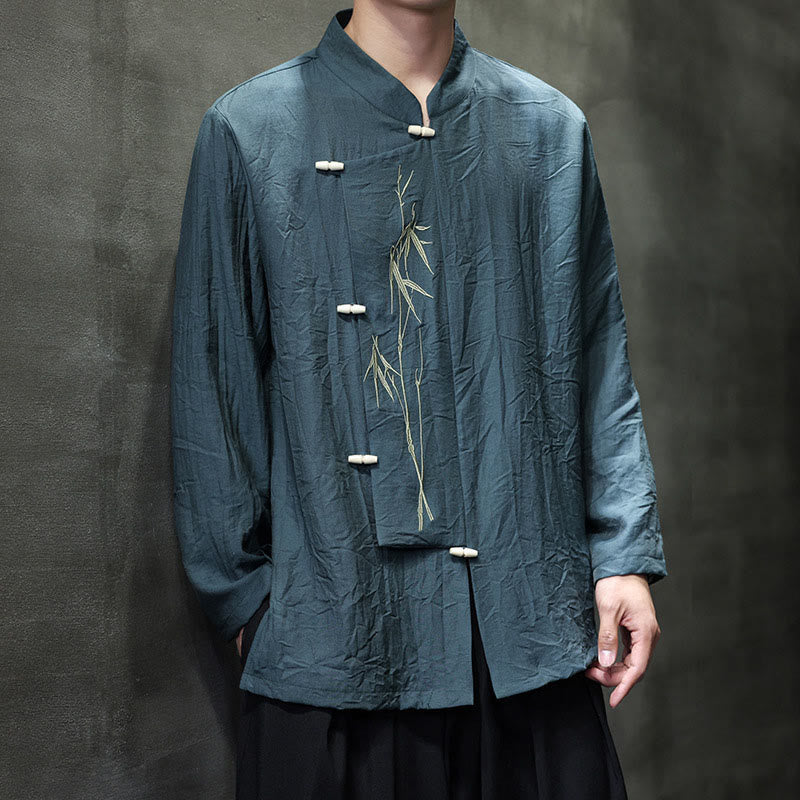 Buddha Stones秋 無地 竹の葉 刺繍 メンズ 長袖 コットン リネン シャツ - image 23