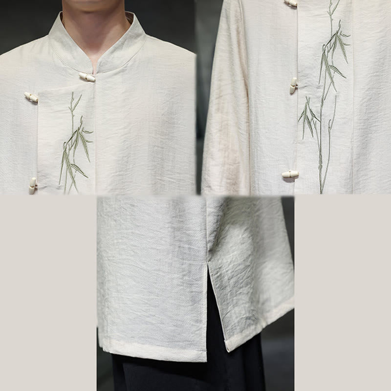 Buddha Stones秋 無地 竹の葉 刺繍 メンズ 長袖 コットン リネン シャツ - image 15