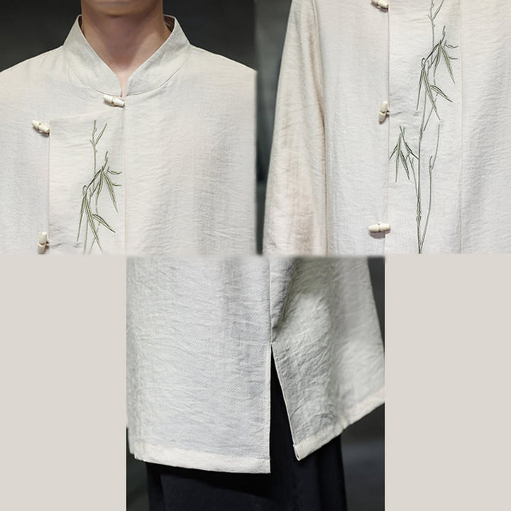 Buddha Stones秋 無地 竹の葉 刺繍 メンズ 長袖 コットン リネン シャツ - image 15