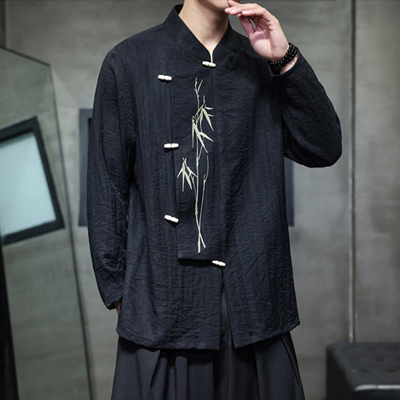 Buddha Stones秋 無地 竹の葉 刺繍 メンズ 長袖 コットン リネン シャツ - image 18