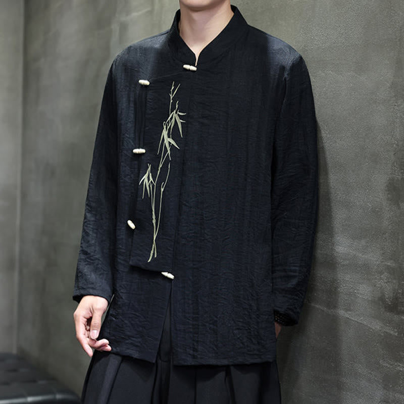 Buddha Stones秋 無地 竹の葉 刺繍 メンズ 長袖 コットン リネン シャツ - image 20